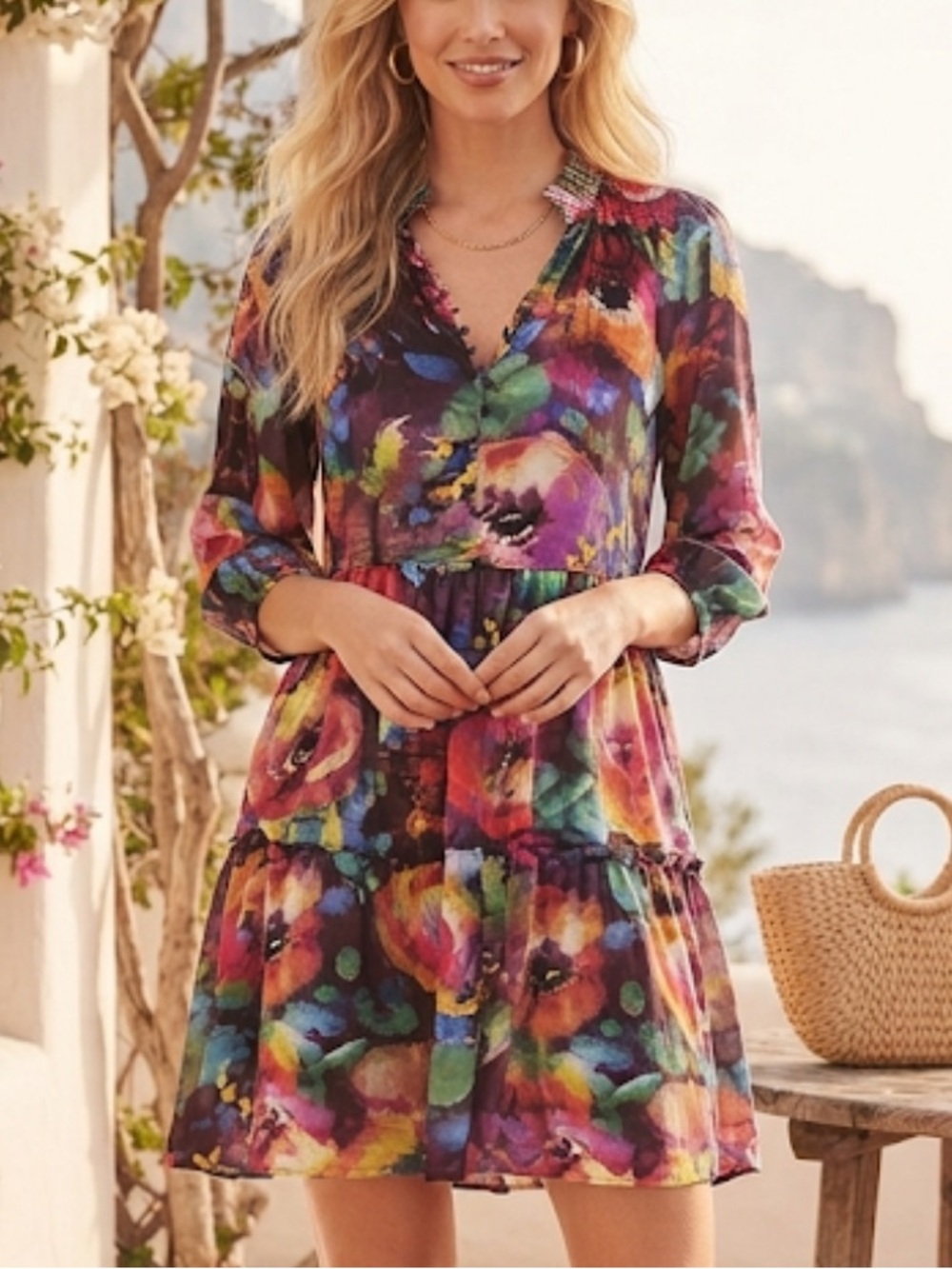 New Johnny Was 100% Silk SMOCKED NECK FIELD DRESS - Picture 3 of 16
